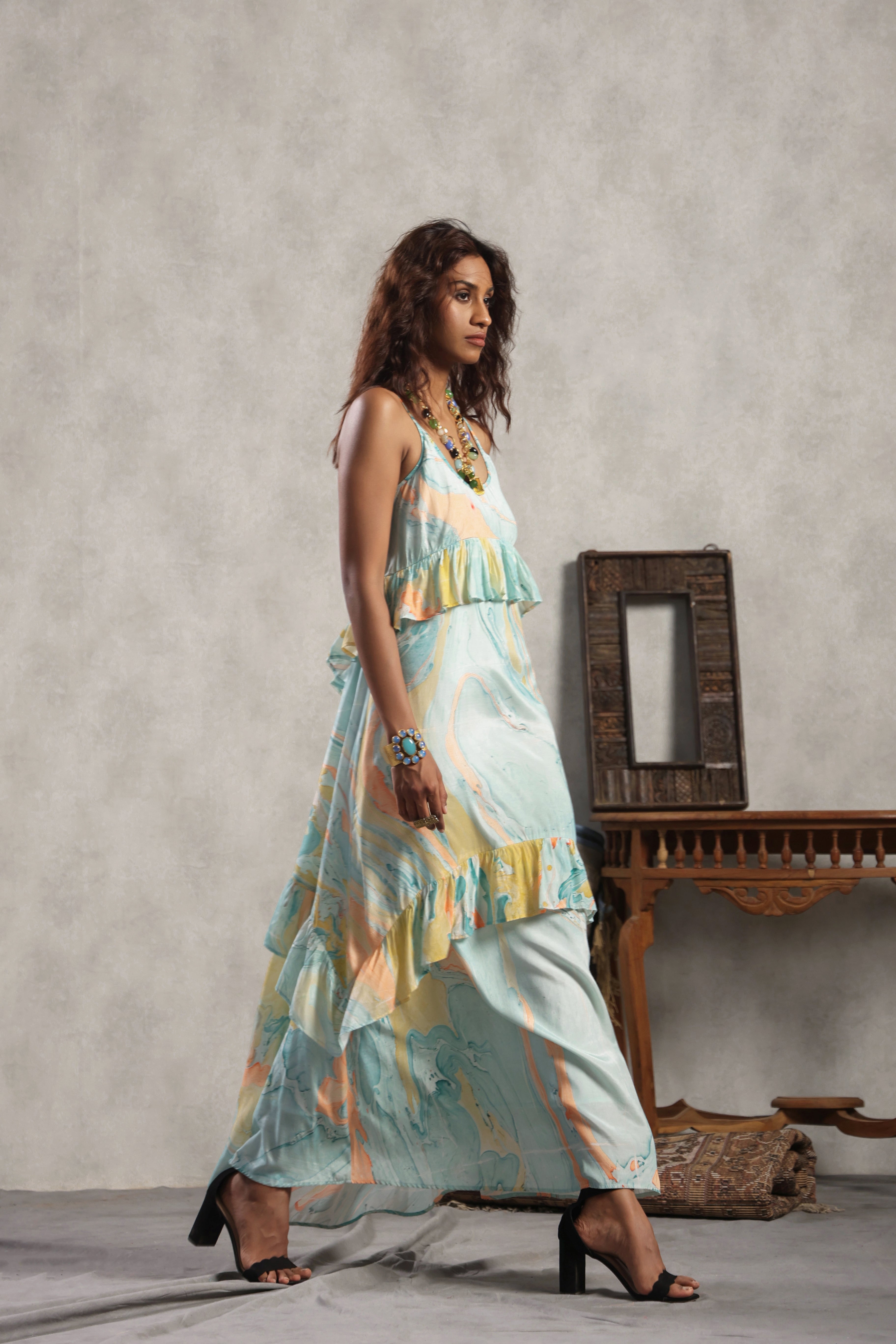 Women Viscose Marble Print Frill Maxi Dress