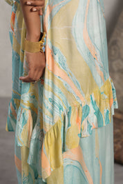 Women Viscose Marble Print Frill Maxi Dress