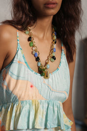 Women Viscose Marble Print Frill Maxi Dress