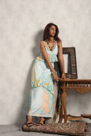 Women Viscose Marble Print Frill Maxi Dress