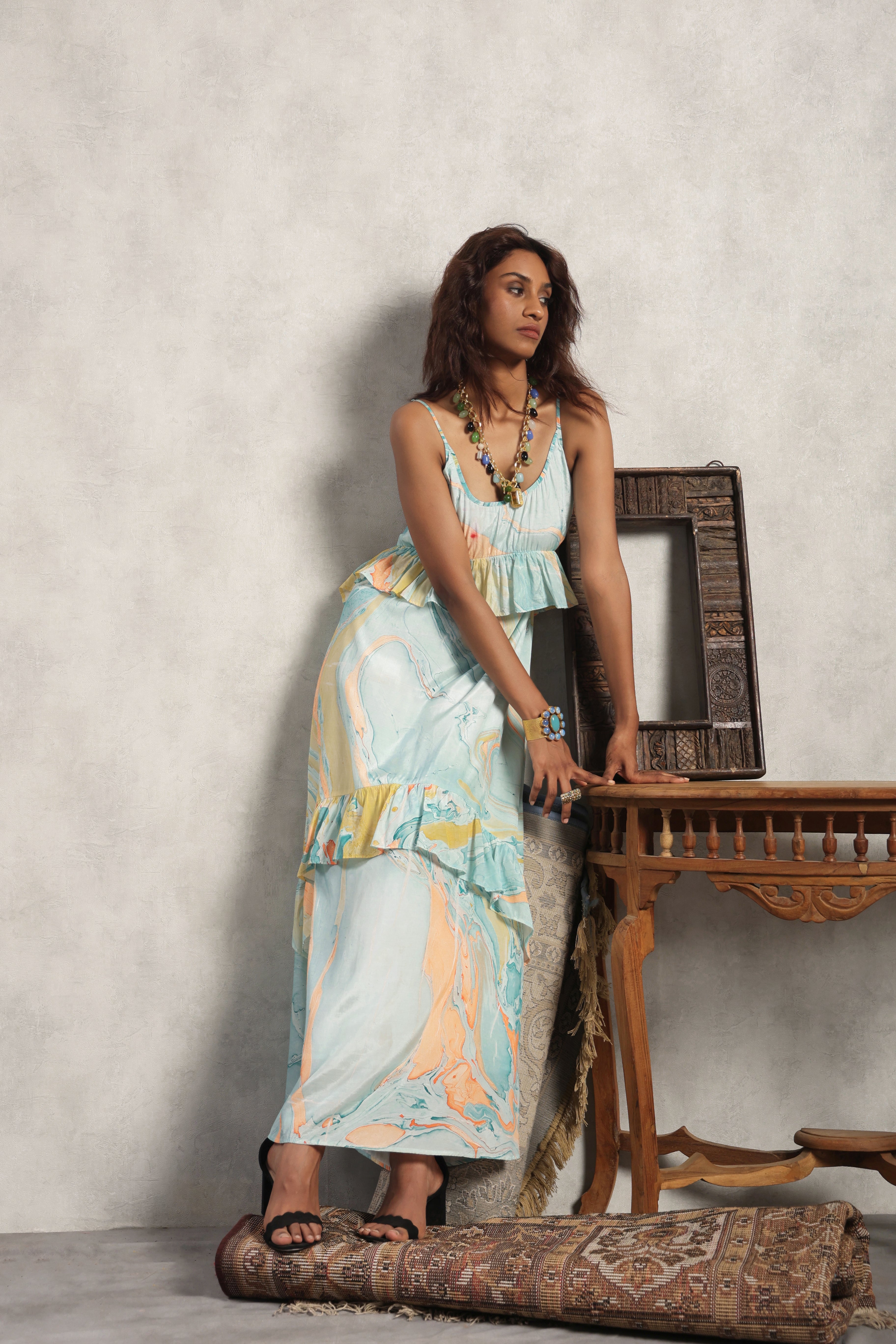 Women Viscose Marble Print Frill Maxi Dress