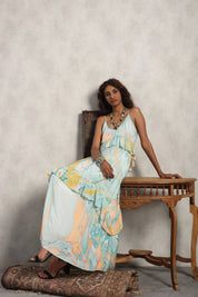 Women Viscose Marble Print Frill Maxi Dress