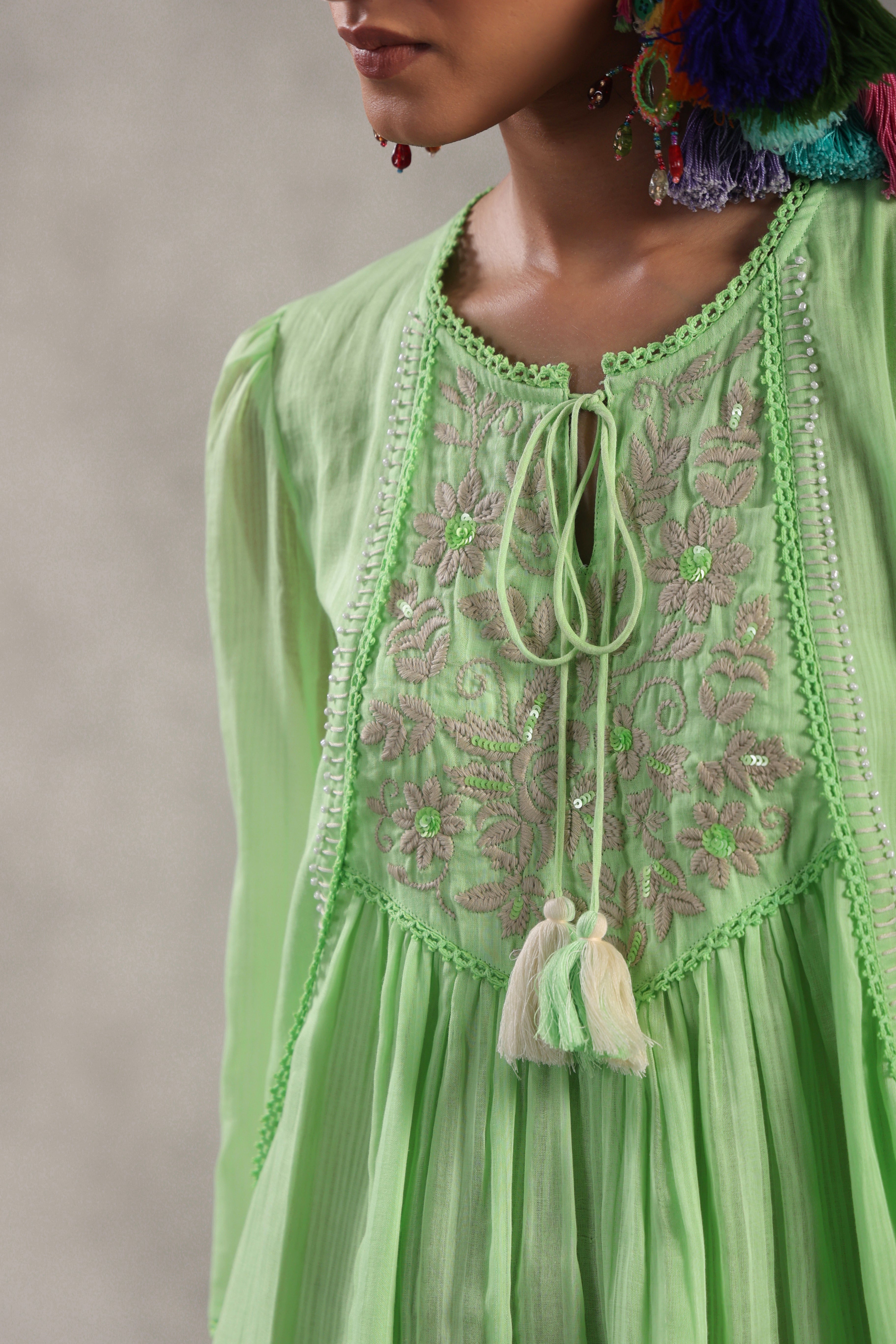 Women Cotton Embroidered Beads Work Midi Dress