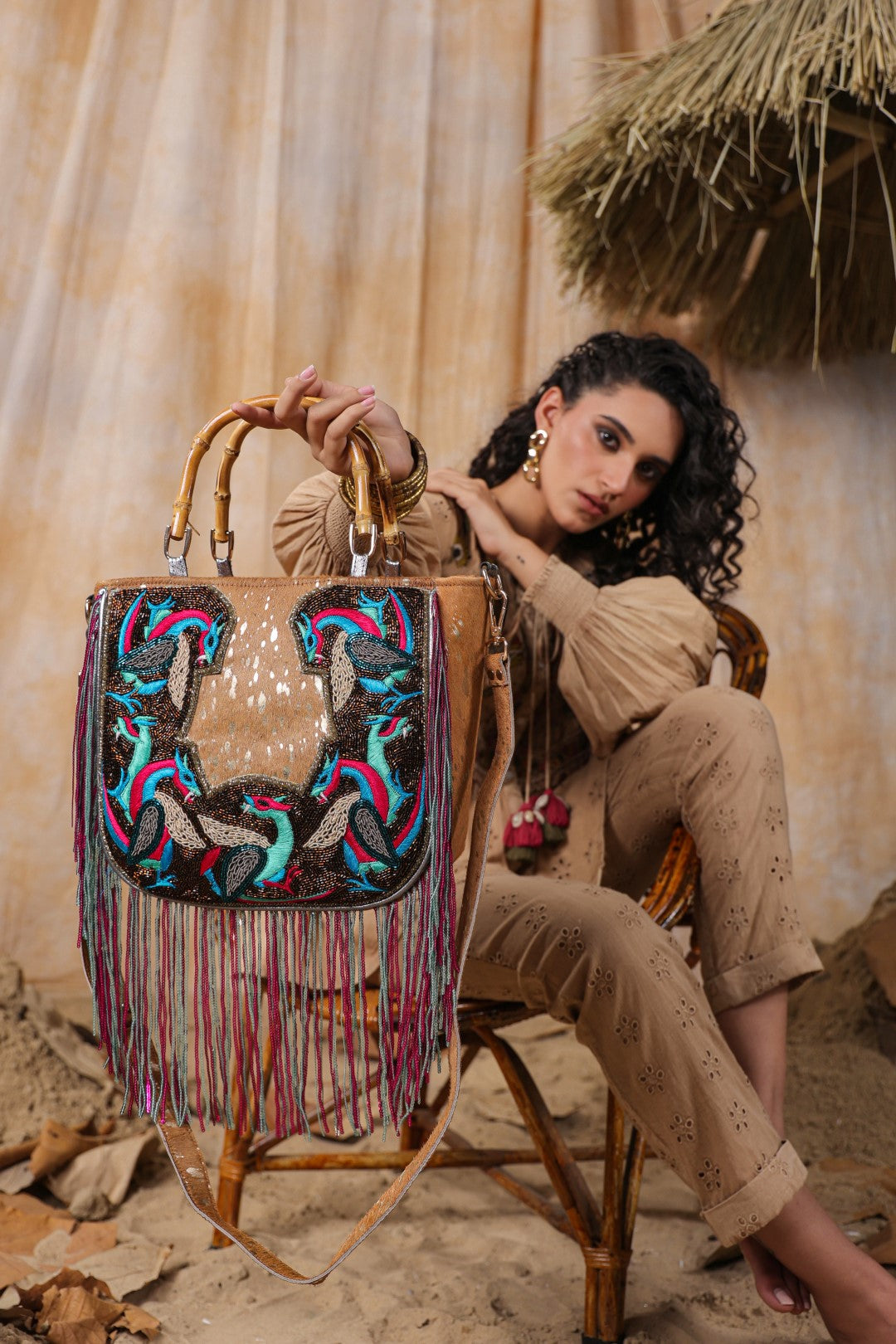Women Handmade Leather Shoulder Bag With Decorative Fringes