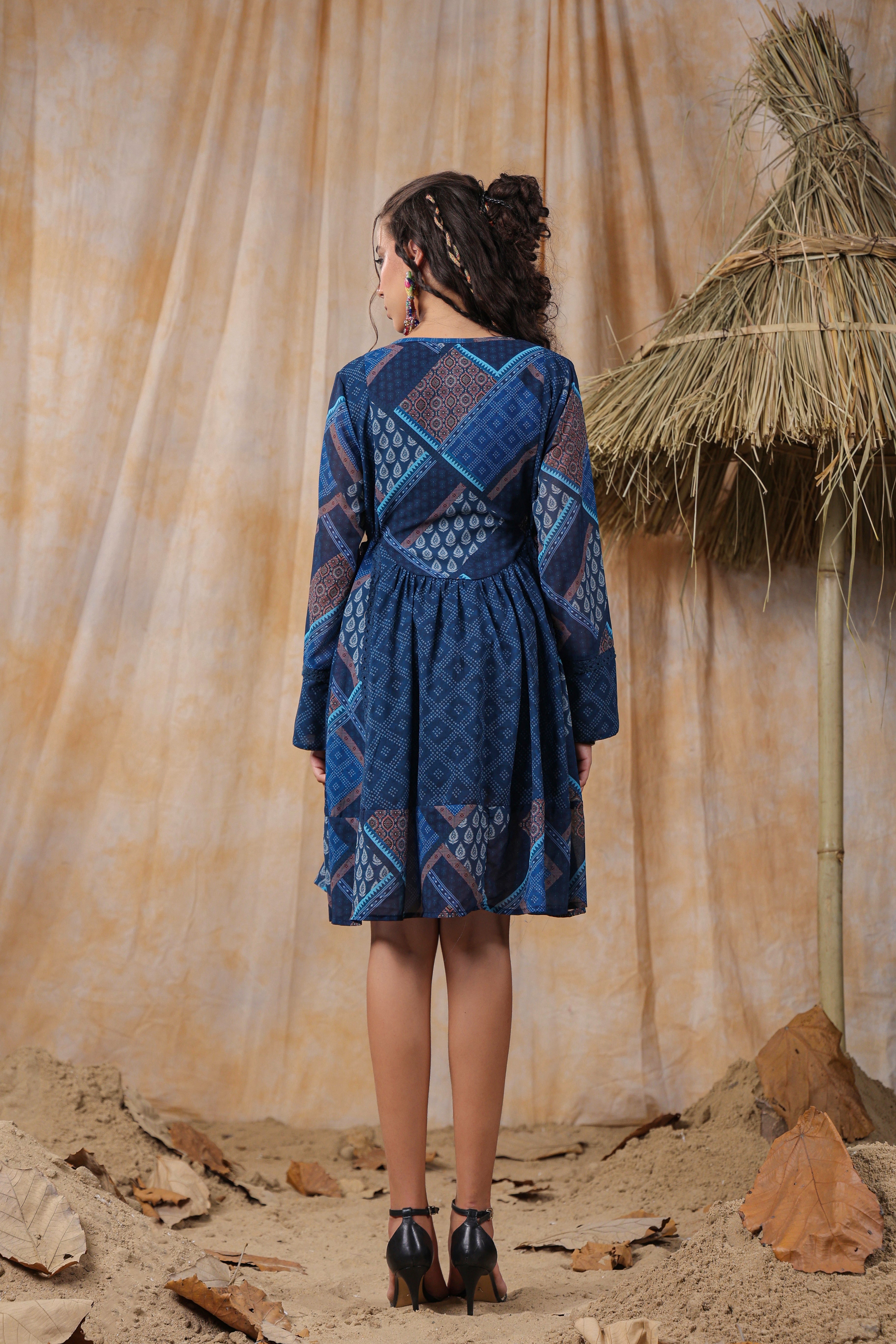 Women Viscose Georgette Printed & Embroidery Mini Flared  Dress