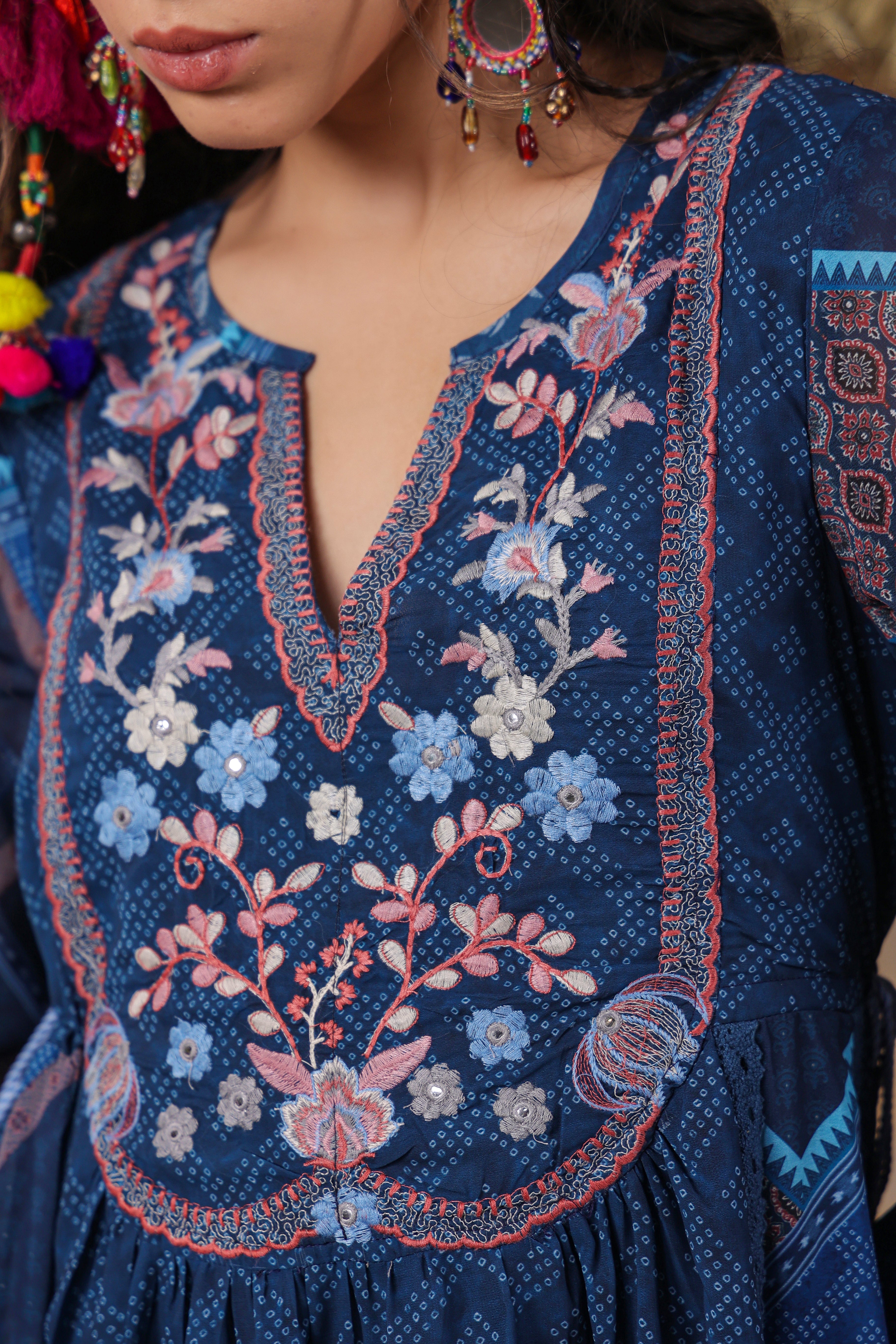 Women Viscose Georgette Printed & Embroidery Mini Flared  Dress