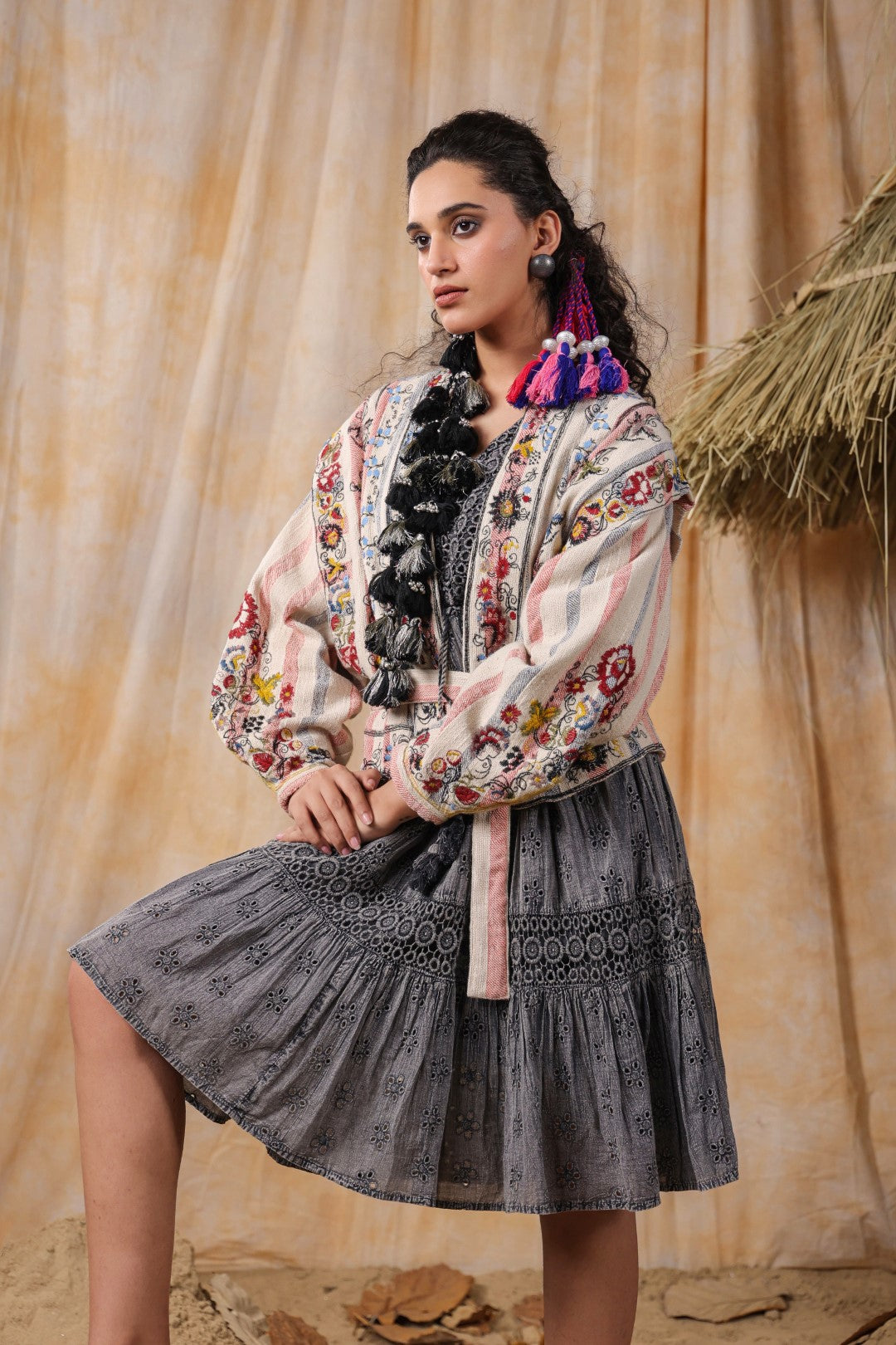 Women Cotton Yarn Dye Stripes & Embroidered Jacket with Belt