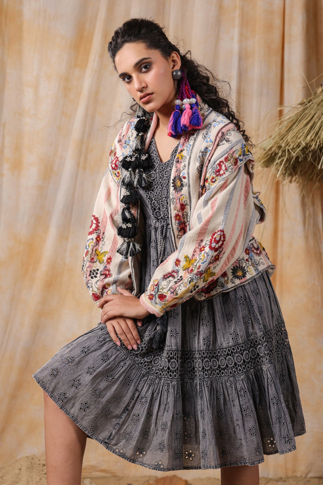 Women Cotton Yarn Dye Stripes & Embroidered Jacket with Belt