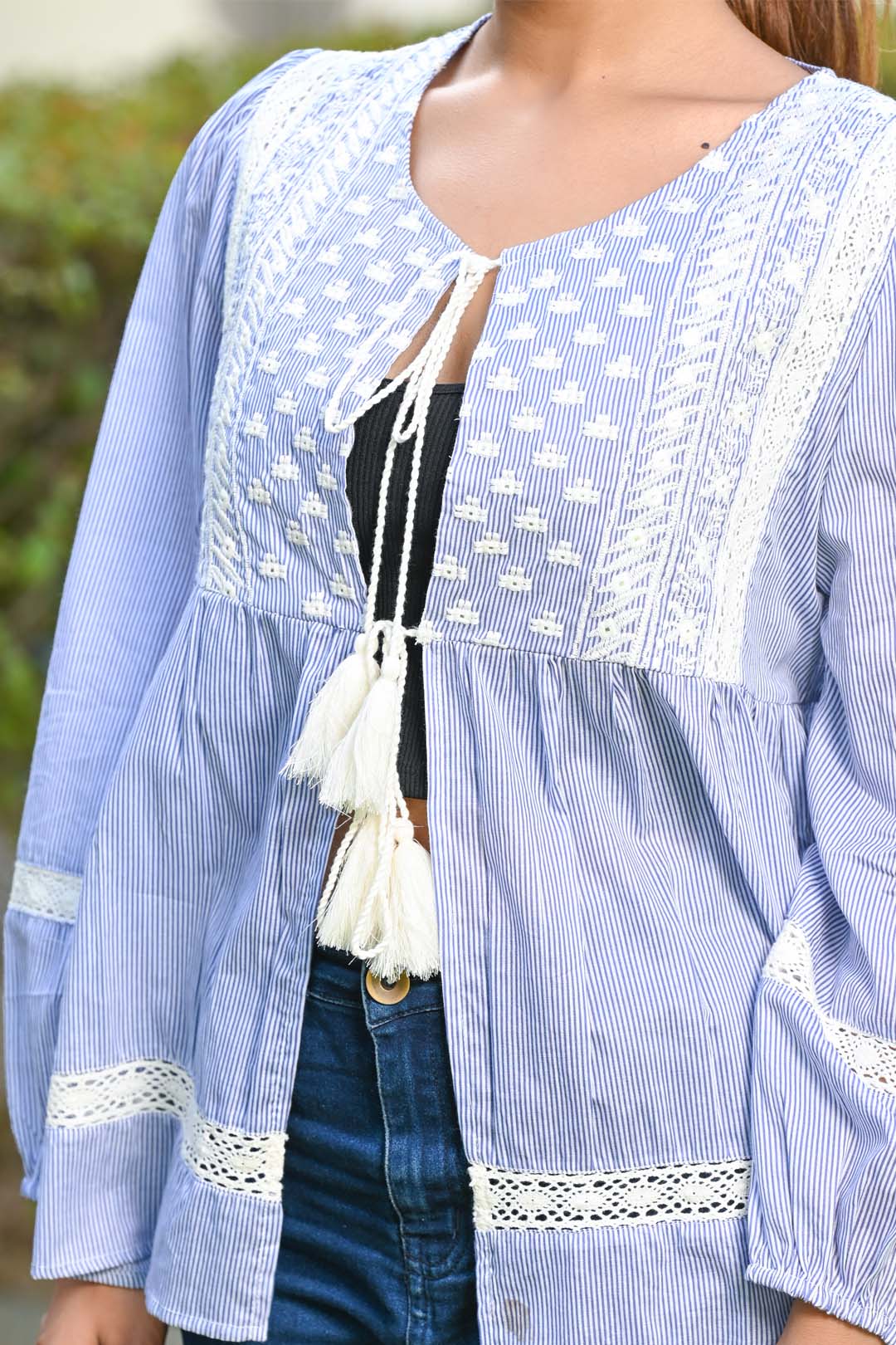 Women Cotton Stripe Print & Embroidered Boho Top