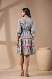 Women Grey Cotton Printed Embroidery Dress