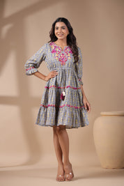 Women Grey Cotton Printed Embroidery Dress