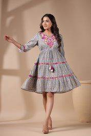 Women Grey Cotton Printed Embroidery Dress