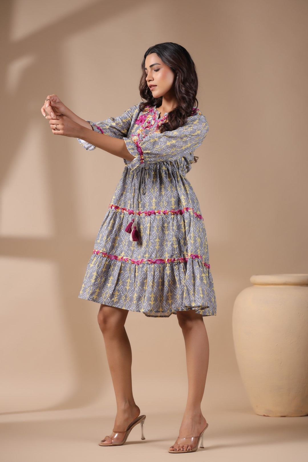 Women Grey Cotton Printed Embroidery Dress