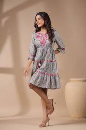 Women Grey Cotton Printed Embroidery Dress