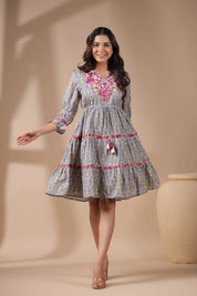 Women Grey Cotton Printed Embroidery Dress