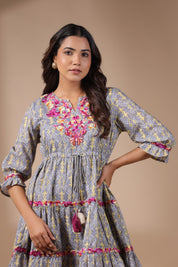 Women Grey Cotton Printed Embroidery Dress