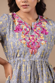 Women Grey Cotton Printed Embroidery Dress