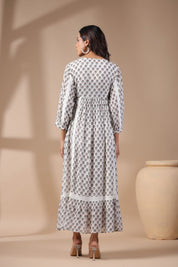 Women White Viscose Georgette Printed Embroidery Dress