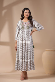 Women White Viscose Georgette Printed Embroidery Dress