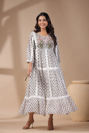 Women White Viscose Georgette Printed Embroidery Dress