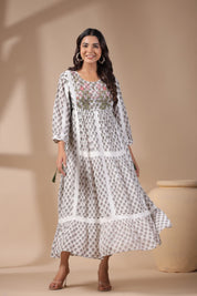 Women White Viscose Georgette Printed Embroidery Dress