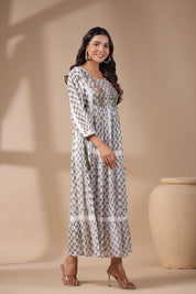 Women White Viscose Georgette Printed Embroidery Dress