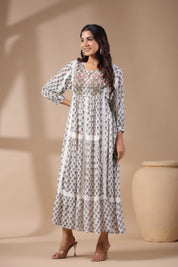 Women White Viscose Georgette Printed Embroidery Dress