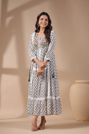 Women White Viscose Georgette Printed Embroidery Dress