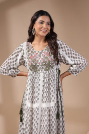 Women White Viscose Georgette Printed Embroidery Dress