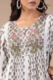 Women White Viscose Georgette Printed Embroidery Dress