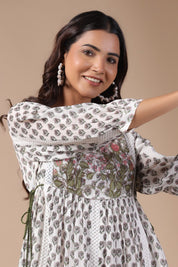 Women White Viscose Georgette Printed Embroidery Dress