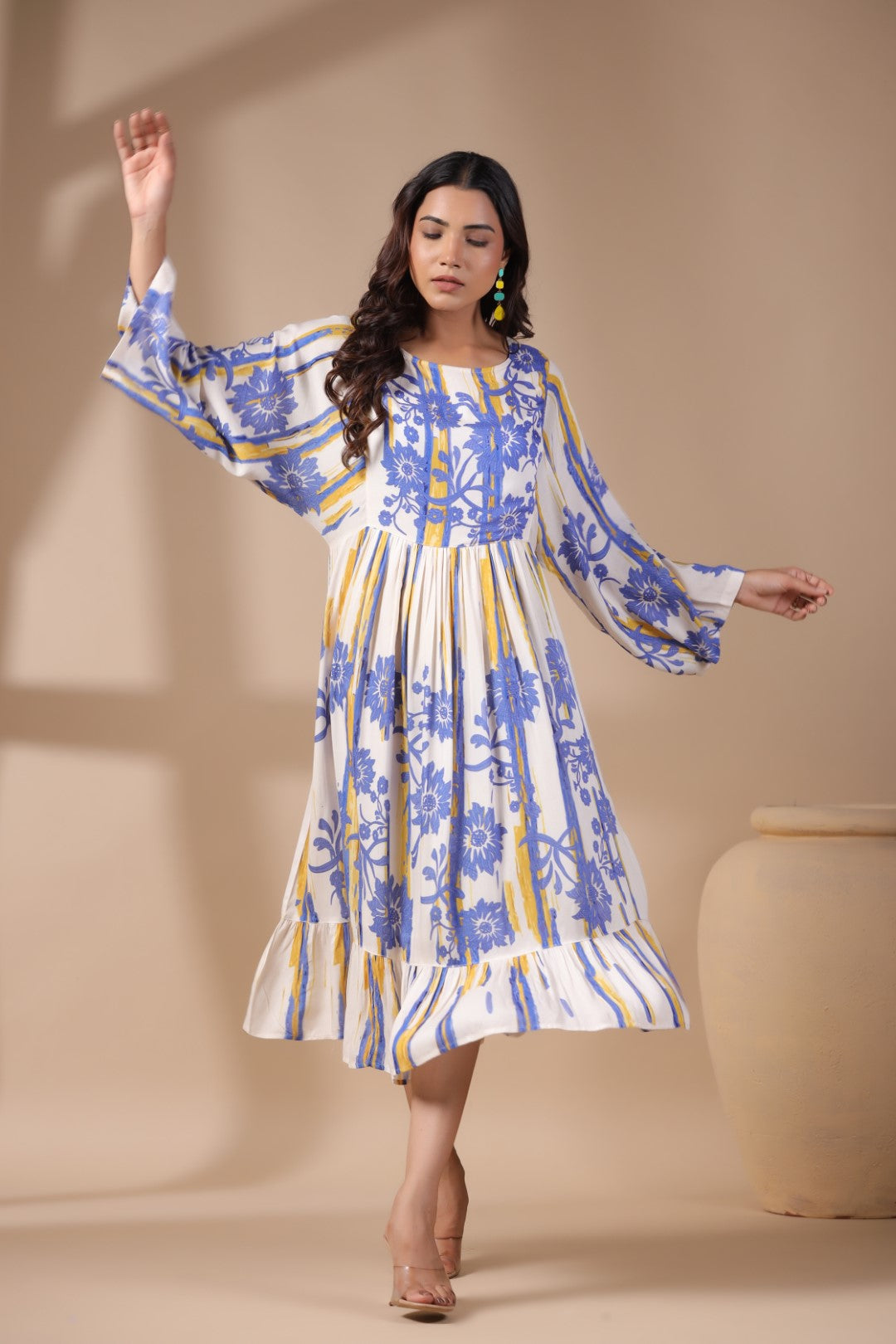 Womens Viscose Rayon Blue Yellow Printed Embroidery Dress