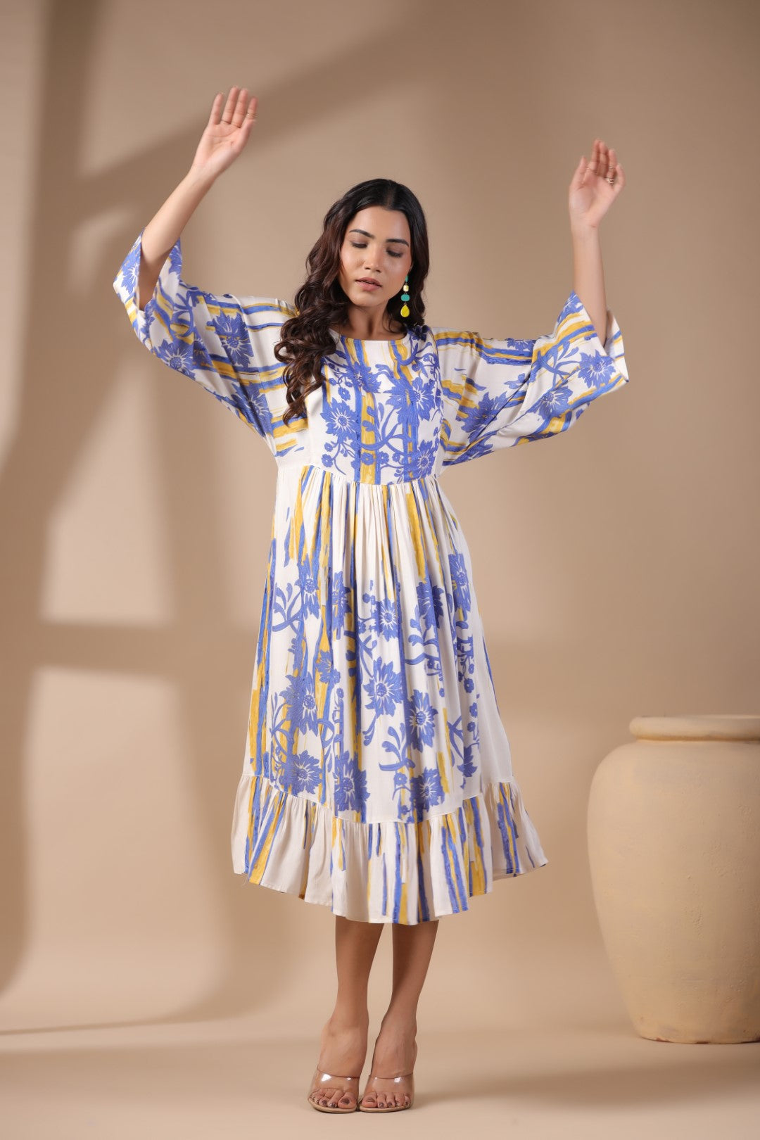 Womens Viscose Rayon Blue Yellow Printed Embroidery Dress