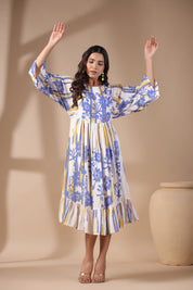 Womens Viscose Rayon Blue Yellow Printed Embroidery Dress