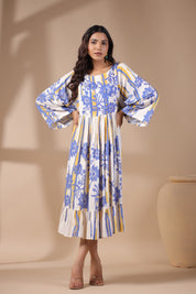 Womens Viscose Rayon Blue Yellow Printed Embroidery Dress