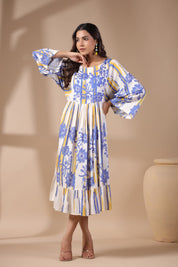 Womens Viscose Rayon Blue Yellow Printed Embroidery Dress
