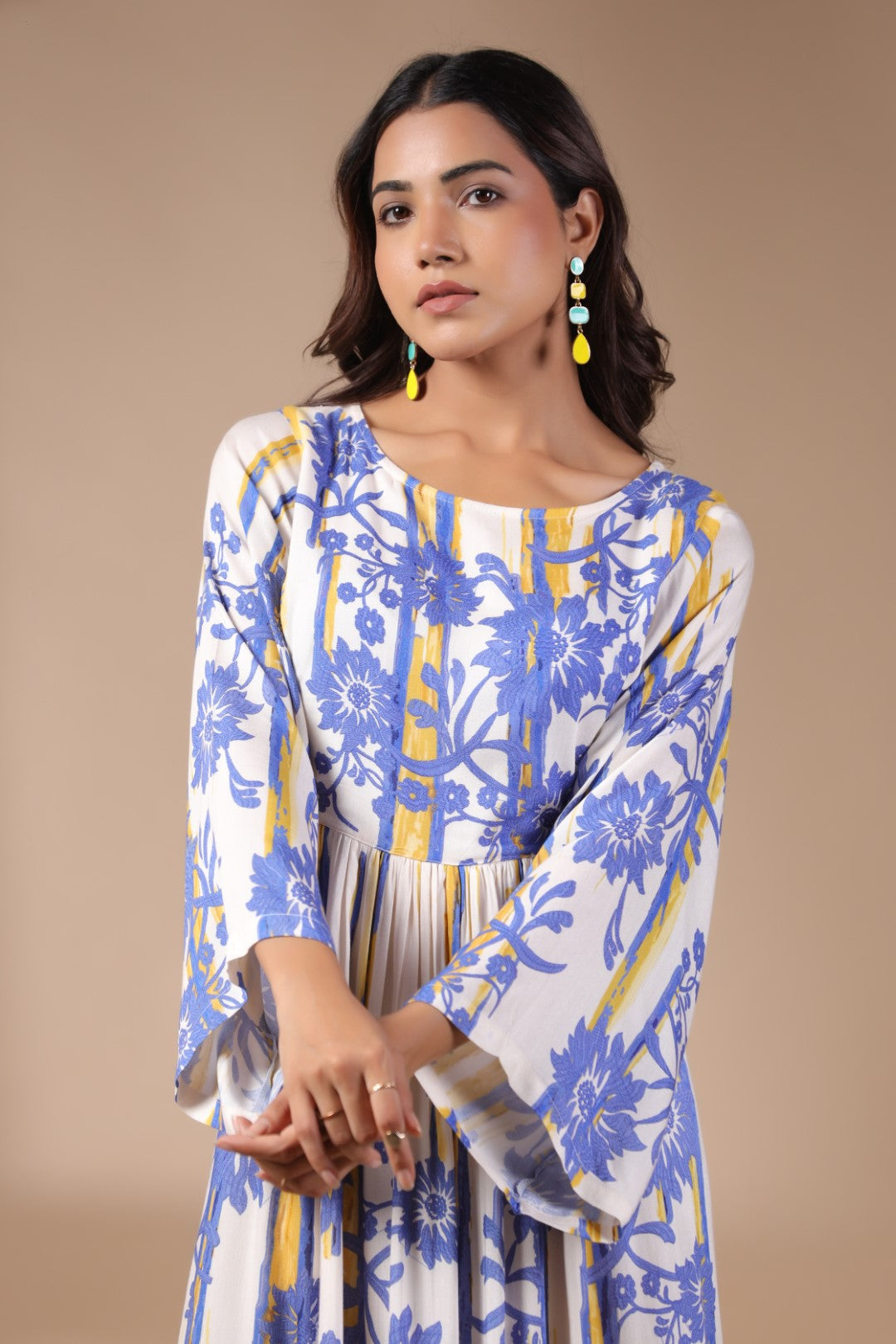 Womens Viscose Rayon Blue Yellow Printed Embroidery Dress