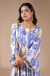Womens Viscose Rayon Blue Yellow Printed Embroidery Dress