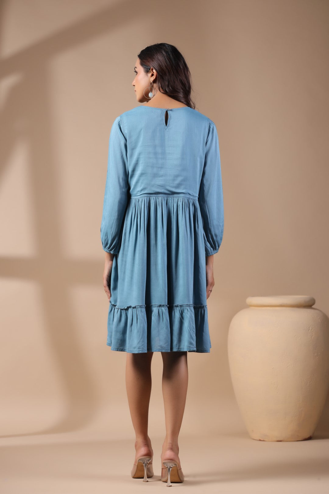 Women Solid Petrol Blue Viscose Rayon Frill Dress