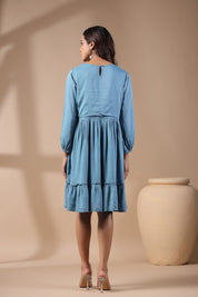 Women Solid Petrol Blue Viscose Rayon Frill Dress