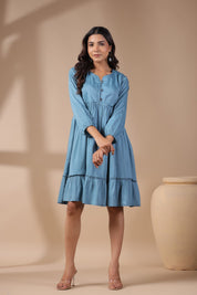 Women Solid Petrol Blue Viscose Rayon Frill Dress