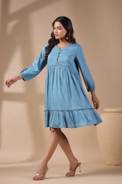 Women Solid Petrol Blue Viscose Rayon Frill Dress