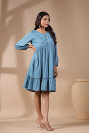 Women Solid Petrol Blue Viscose Rayon Frill Dress