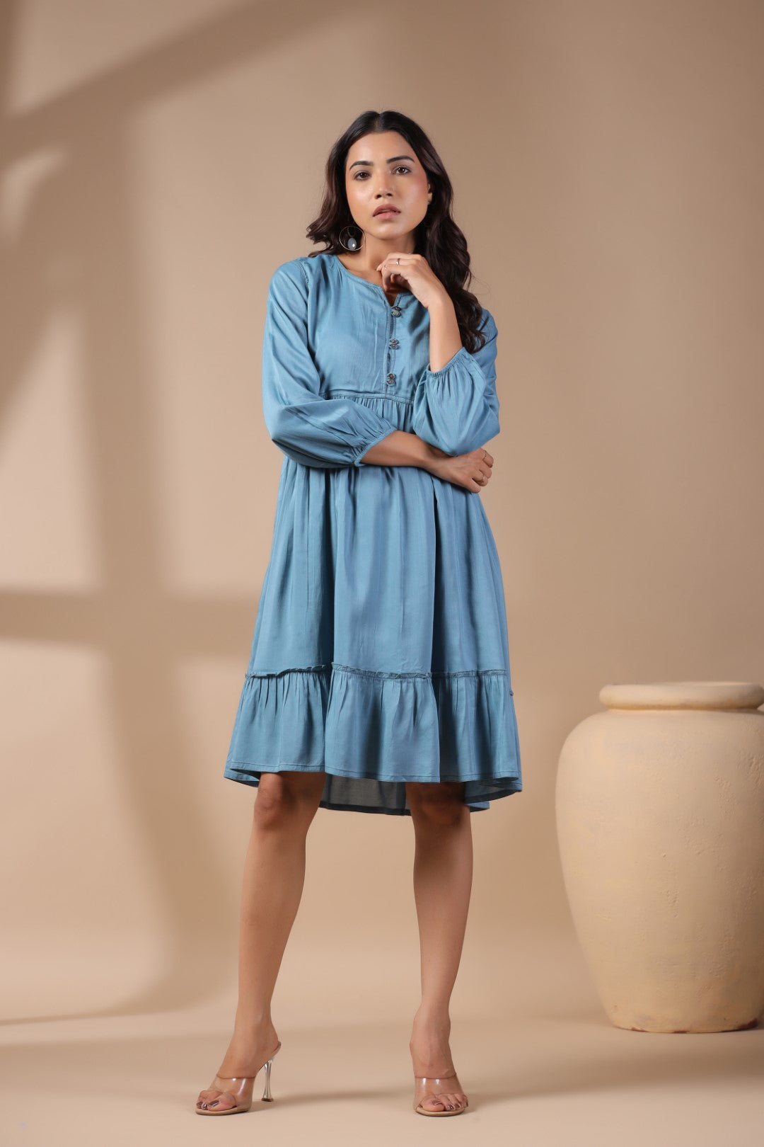 Women Solid Petrol Blue Viscose Rayon Frill Dress