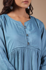 Women Solid Petrol Blue Viscose Rayon Frill Dress