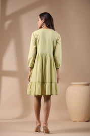 Women Solid Green Viscose Rayon Frill Dress