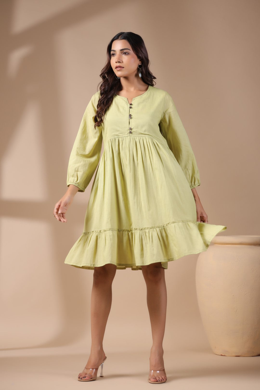 Women Solid Green Viscose Rayon Frill Dress