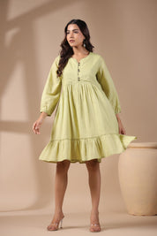 Women Solid Green Viscose Rayon Frill Dress