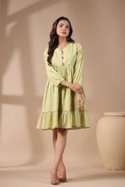 Women Solid Green Viscose Rayon Frill Dress