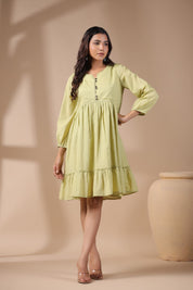 Women Solid Green Viscose Rayon Frill Dress